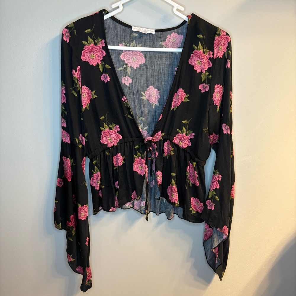 Don’t Ask Why | American Eagle Long Sleeve Tie Front Floral Top Black W/Roses OS